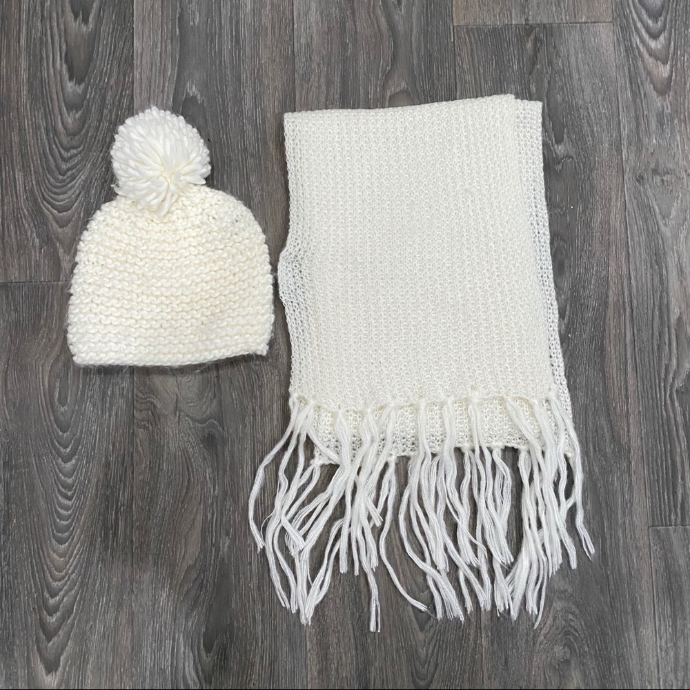 White Soft- Knitted Beanie and Scarf Set